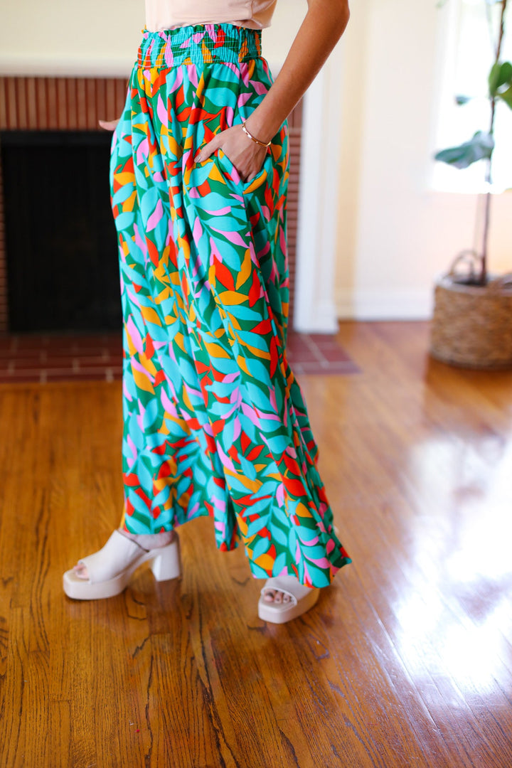 Summer Vibes Green &amp; Orange Abstract Print Smocked Palazzo Pants | Nikki &amp; Co. Boutique
