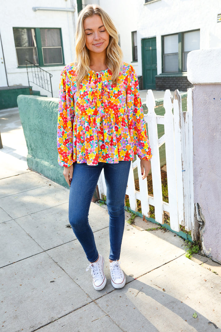 Chasing Dreams Ribbon Tie Bow Babydoll Puff Elastic Sleeve Floral Tops | Nikki &amp; Co. Boutique