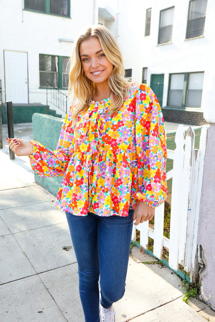 Chasing Dreams Ribbon Tie Bow Babydoll Puff Elastic Sleeve Floral Tops | Nikki &amp; Co. Boutique