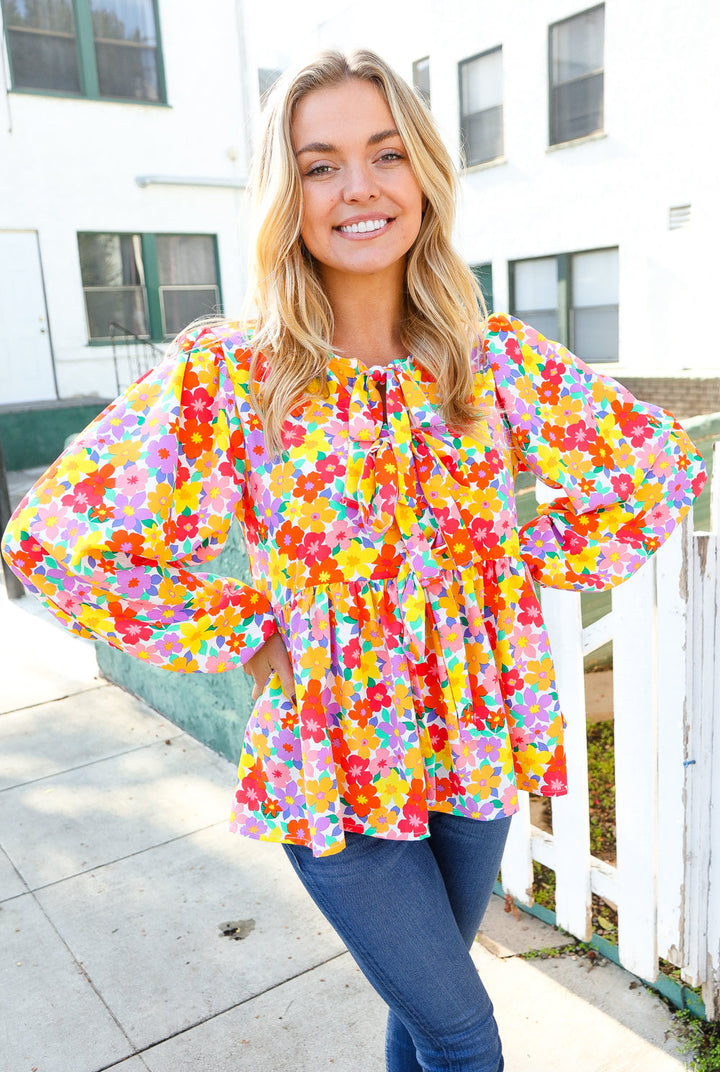 Chasing Dreams Ribbon Tie Bow Babydoll Puff Elastic Sleeve Floral Tops | Nikki &amp; Co. Boutique