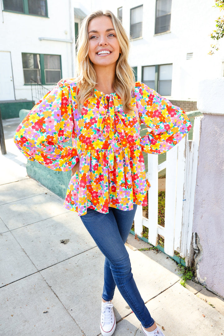 Chasing Dreams Ribbon Tie Bow Babydoll Puff Elastic Sleeve Floral Tops | Nikki &amp; Co. Boutique
