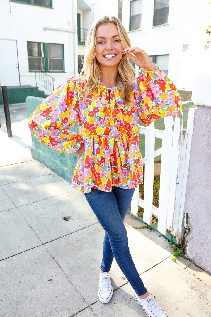 Chasing Dreams Ribbon Tie Bow Babydoll Puff Elastic Sleeve Floral Tops | Nikki &amp; Co. Boutique