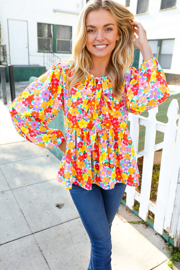 Chasing Dreams Ribbon Tie Bow Babydoll Puff Elastic Sleeve Floral Tops | Nikki &amp; Co. Boutique