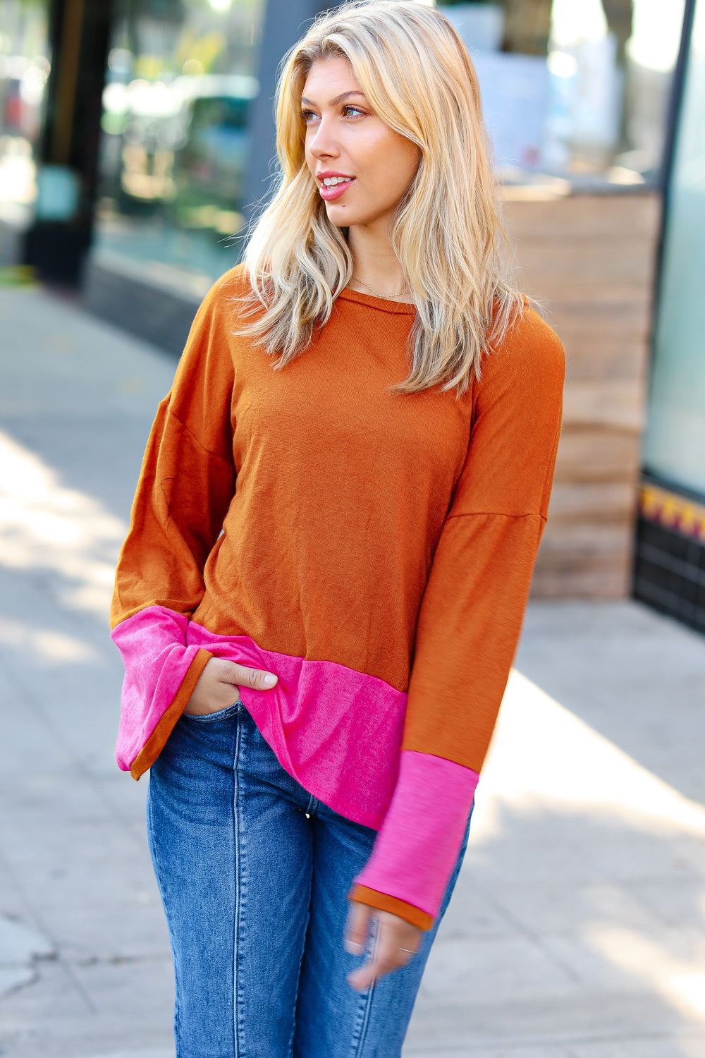Fuchsia & Rust Color Block Hacci Top | Nikki & Co. Boutique
