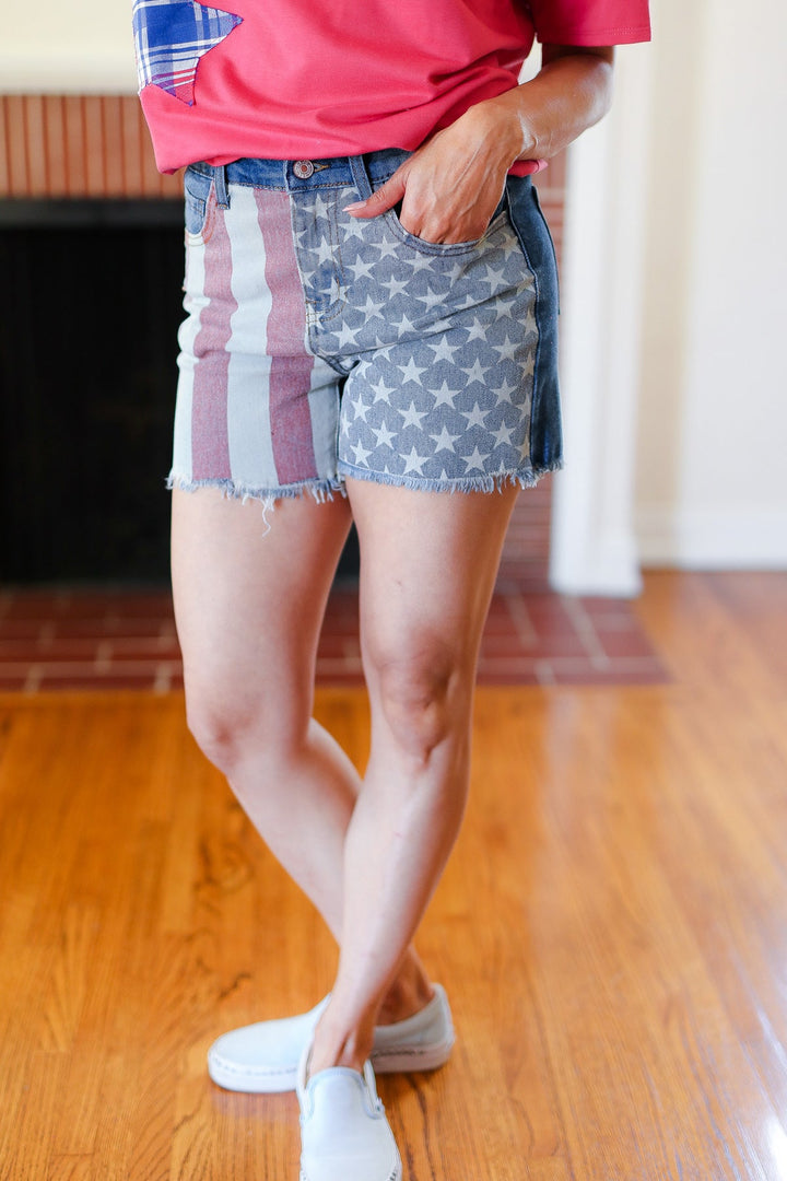 American Flag High Rise Frayed Hem Denim Shorts | Nikki &amp; Co. Boutique