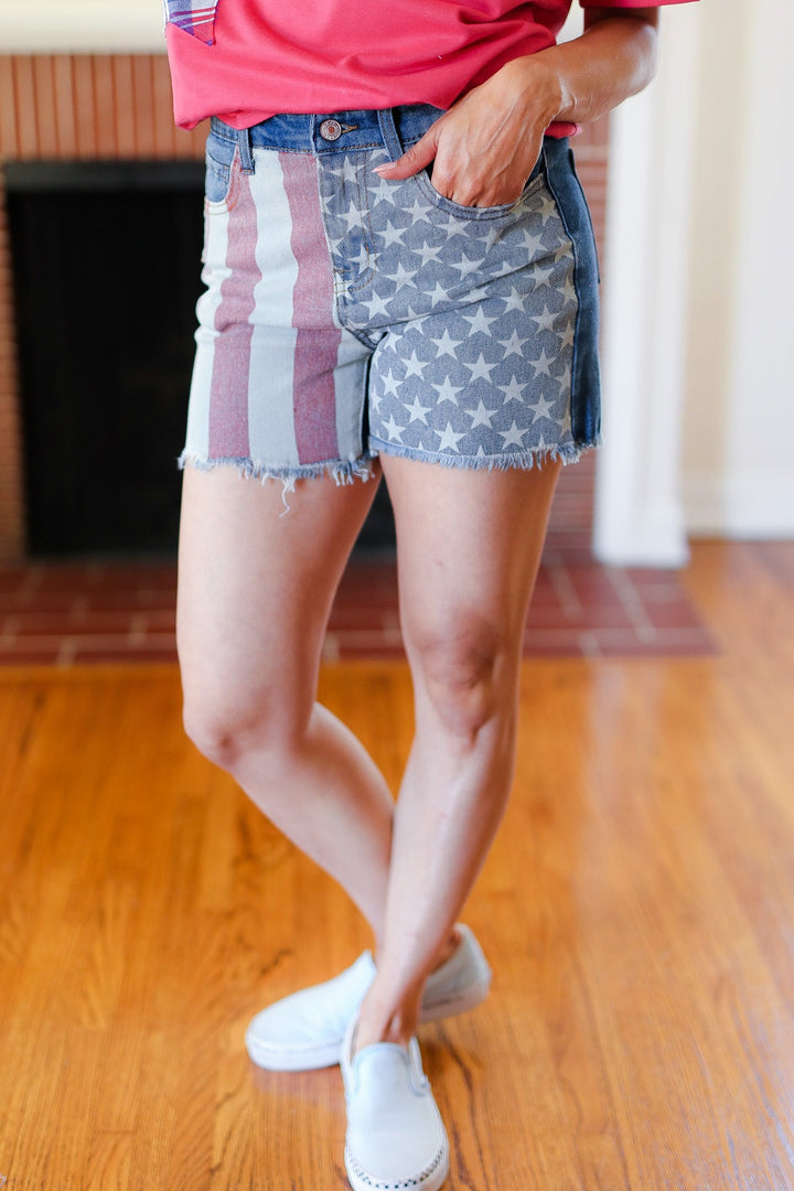American Flag High Rise Frayed Hem Denim Shorts | Nikki &amp; Co. Boutique