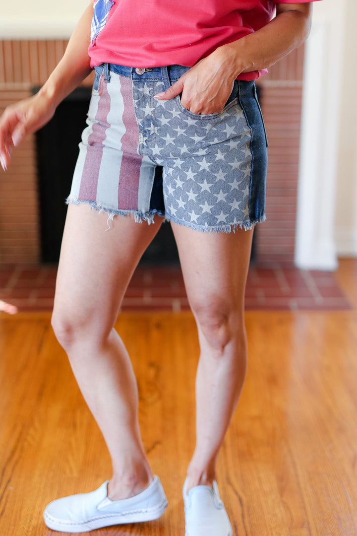 American Flag High Rise Frayed Hem Denim Shorts | Nikki &amp; Co. Boutique