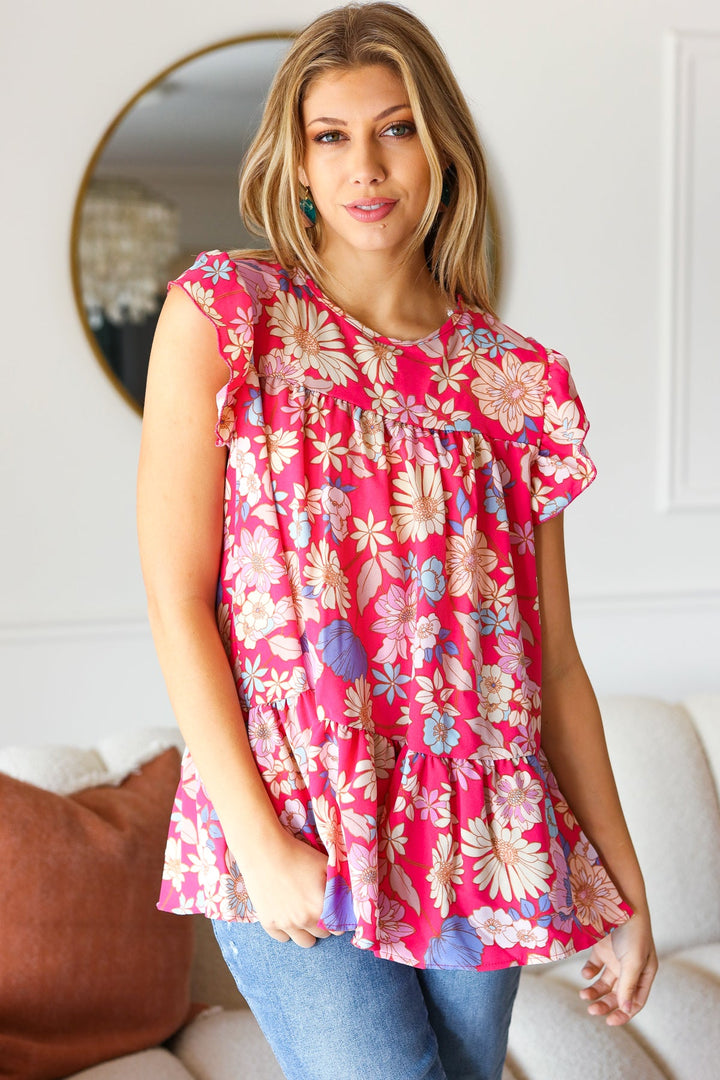 Fuchsia Floral Yoke Flutter Sleeve Back Neck Button Tops | Nikki &amp; Co. Boutique
