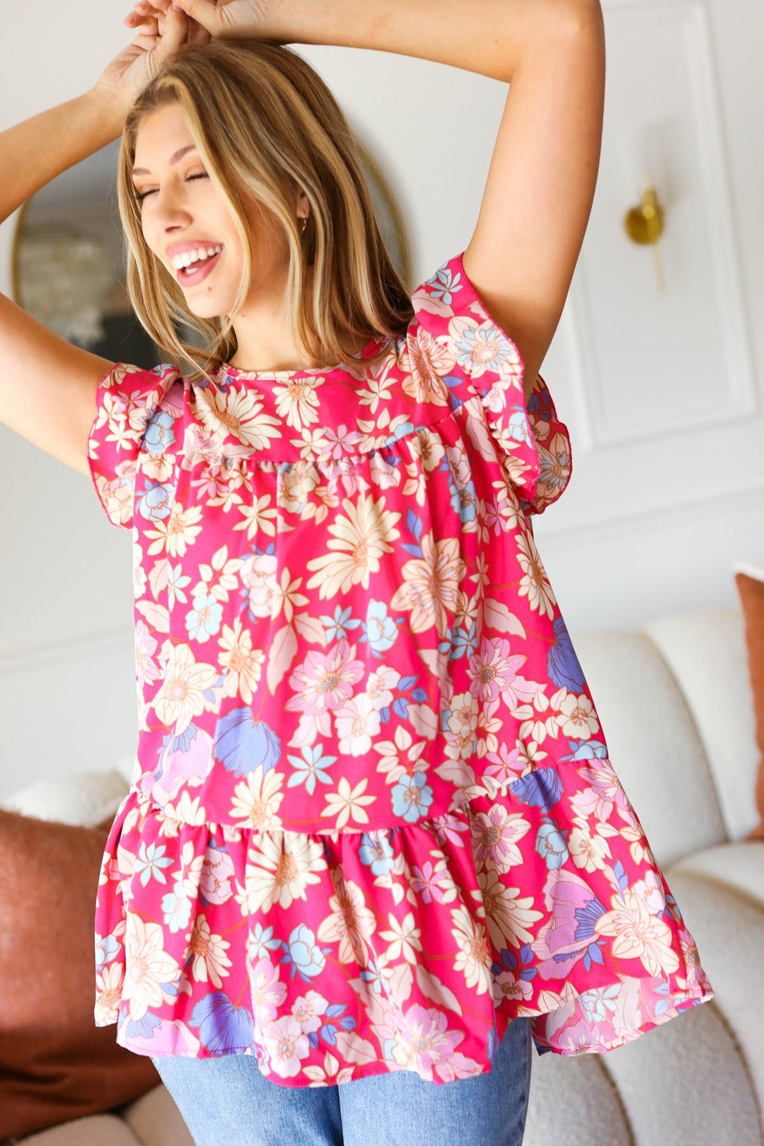 Fuchsia Floral Yoke Flutter Sleeve Back Neck Button Tops | Nikki &amp; Co. Boutique