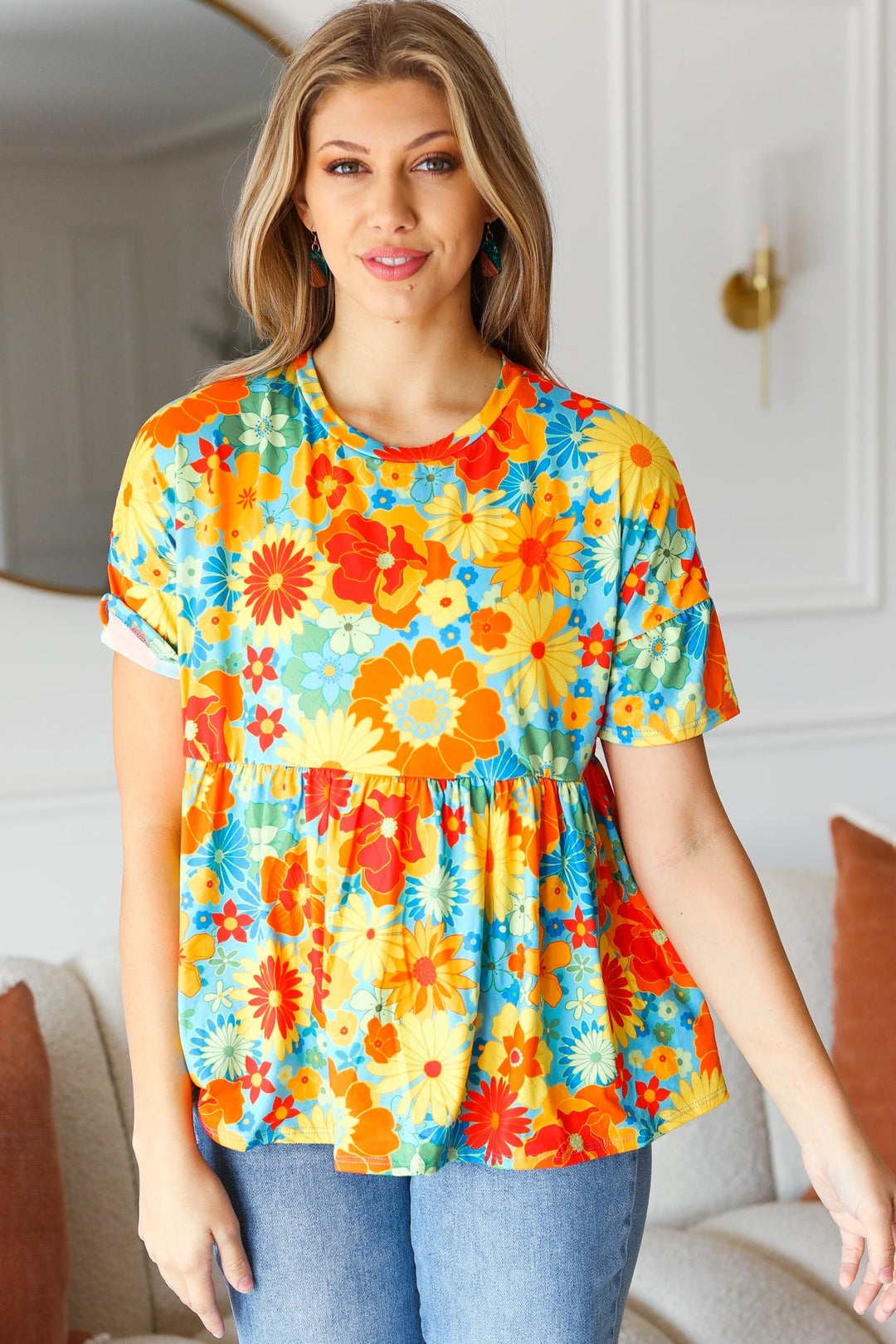 Sunflower&amp; Red Retro Floral Swing Babydoll Top | Nikki &amp; Co. Boutique