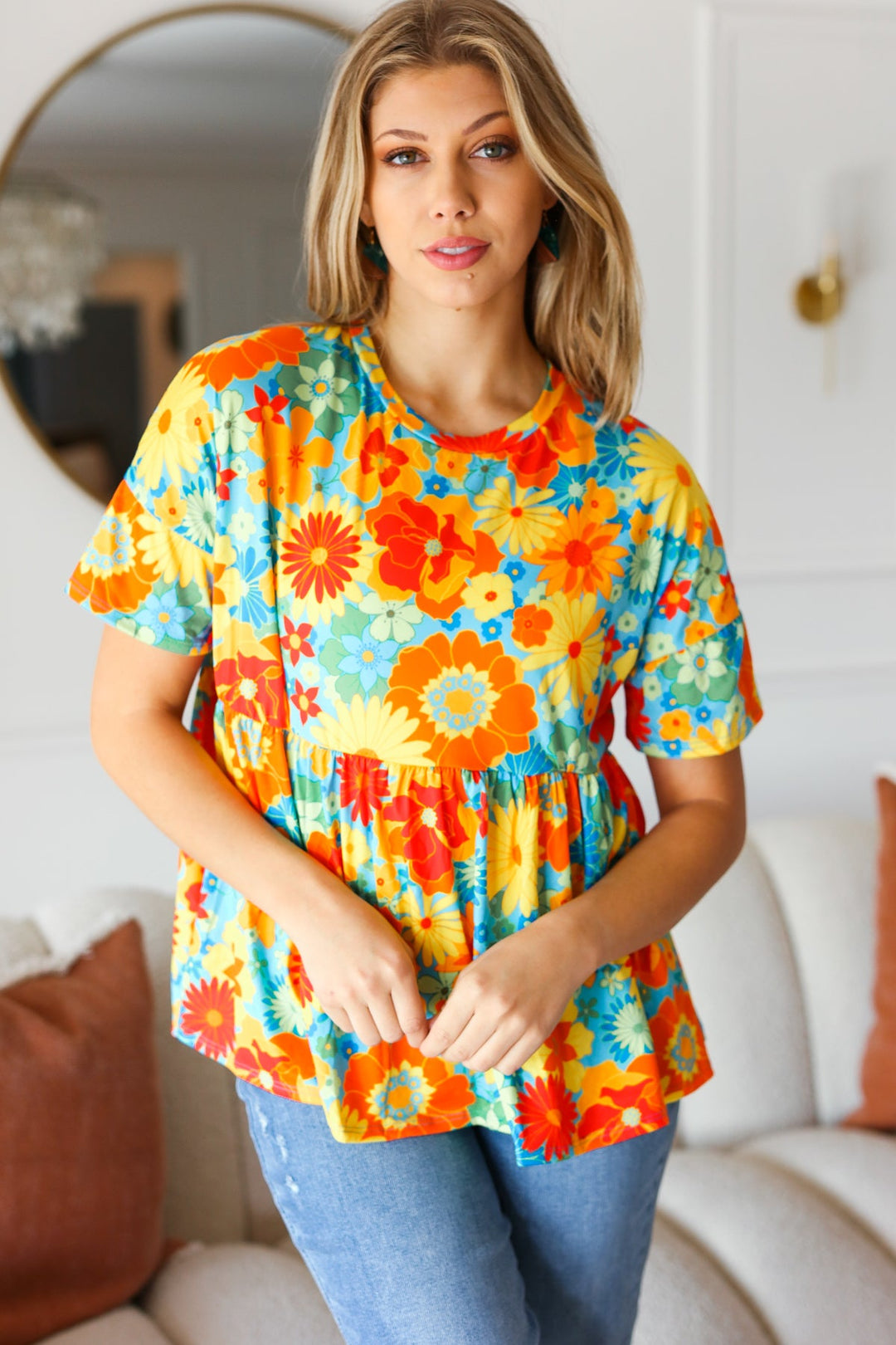 Sunflower&amp; Red Retro Floral Swing Babydoll Top | Nikki &amp; Co. Boutique