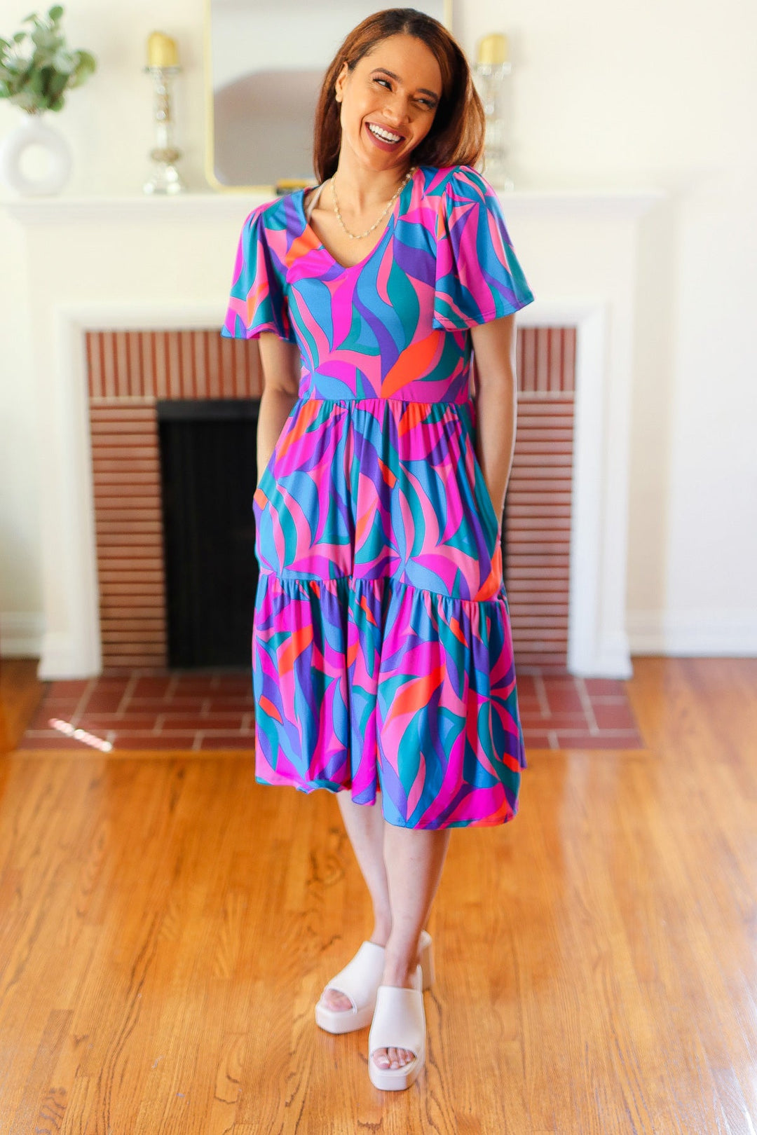 Remember Me Blue &amp; Fuchsia Geo Print V Neck Dress | Nikki &amp; Co. Boutique