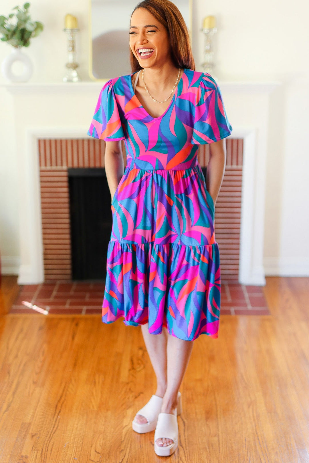 Remember Me Blue &amp; Fuchsia Geo Print V Neck Dress | Nikki &amp; Co. Boutique