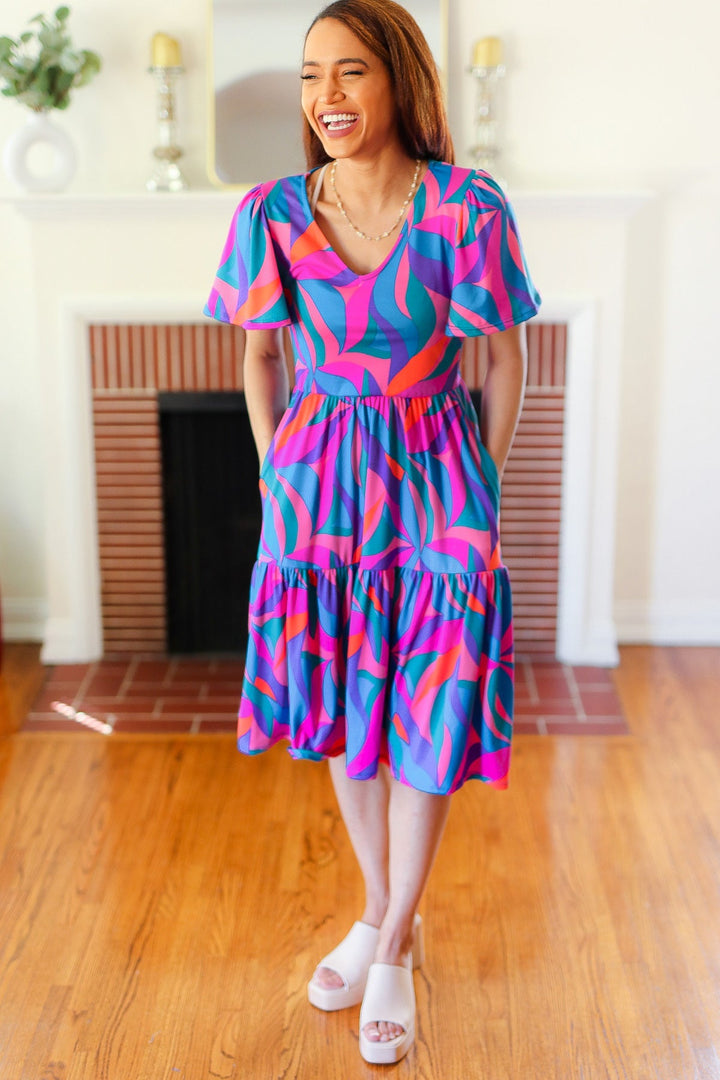 Remember Me Blue &amp; Fuchsia Geo Print V Neck Dress | Nikki &amp; Co. Boutique