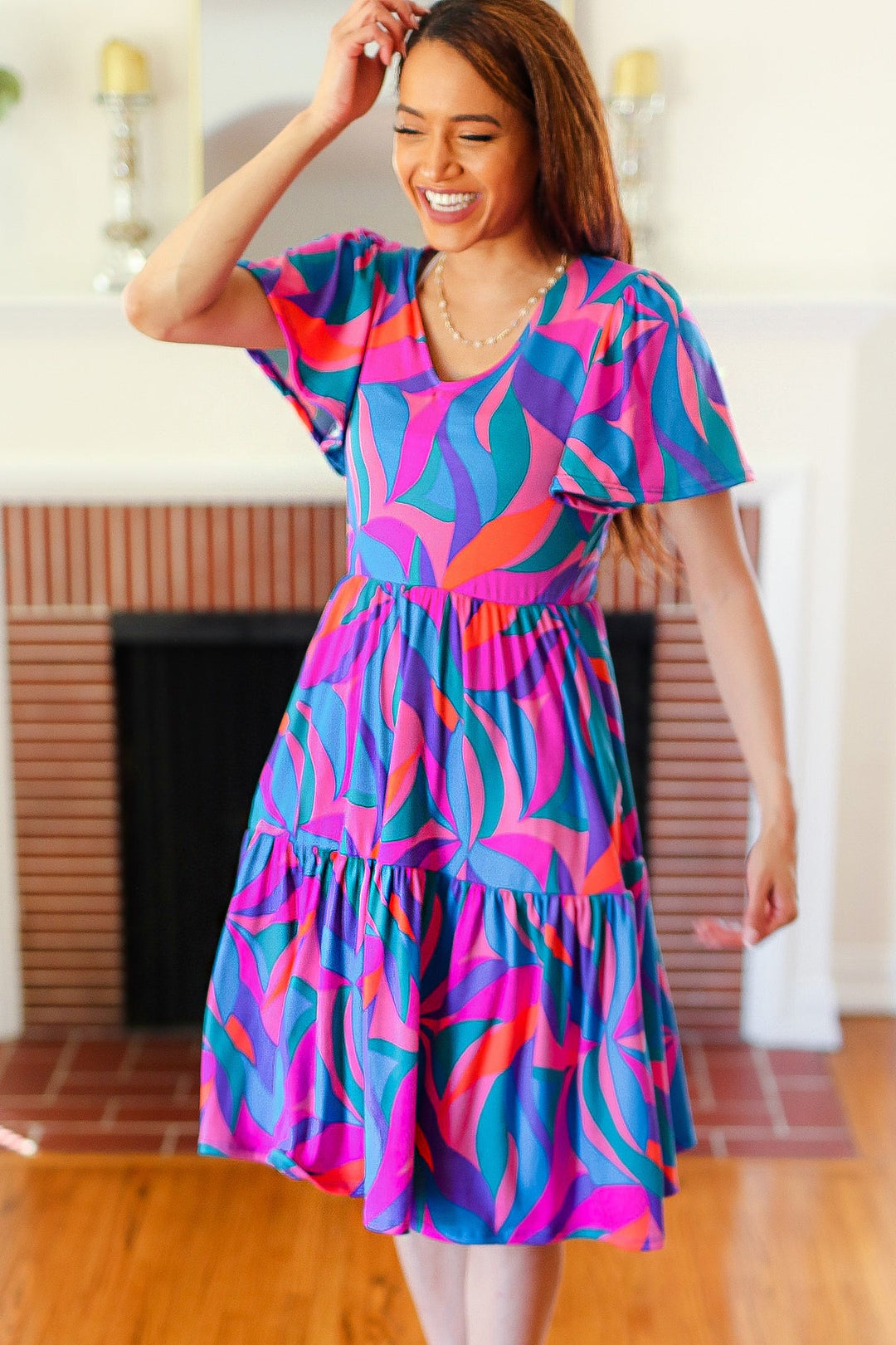 Remember Me Blue &amp; Fuchsia Geo Print V Neck Dress | Nikki &amp; Co. Boutique