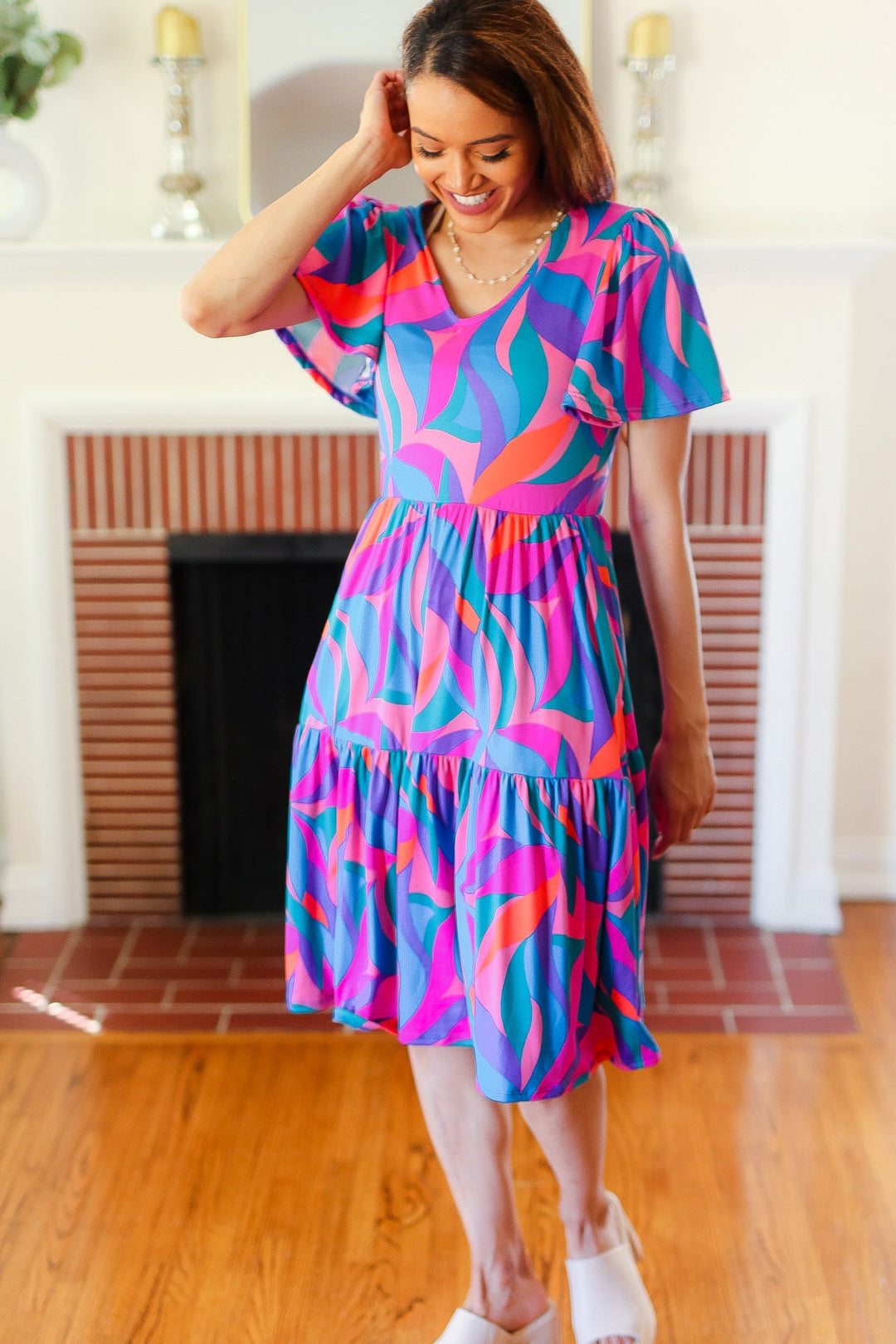 Remember Me Blue &amp; Fuchsia Geo Print V Neck Dress | Nikki &amp; Co. Boutique