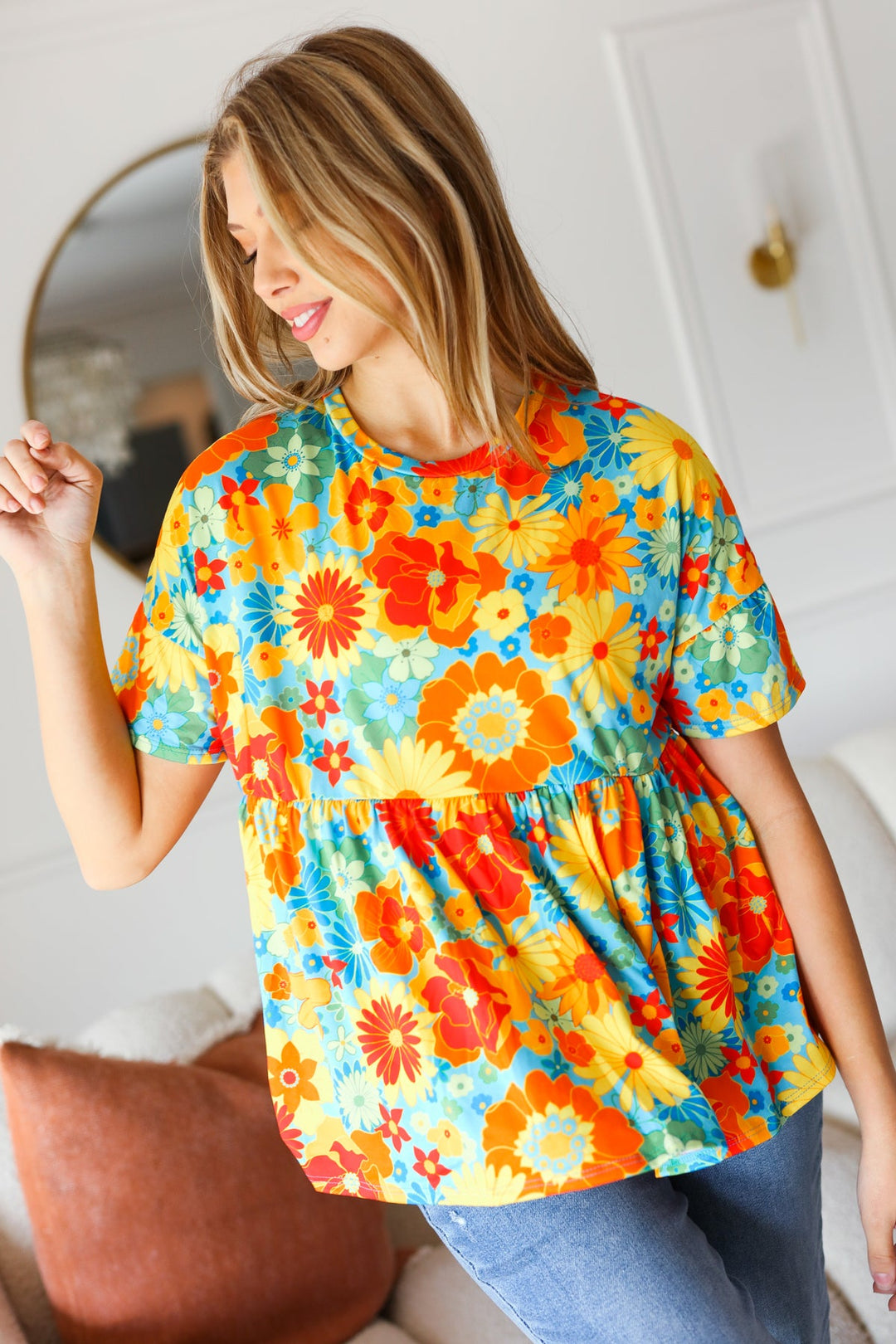 Sunflower&amp; Red Retro Floral Swing Babydoll Top | Nikki &amp; Co. Boutique
