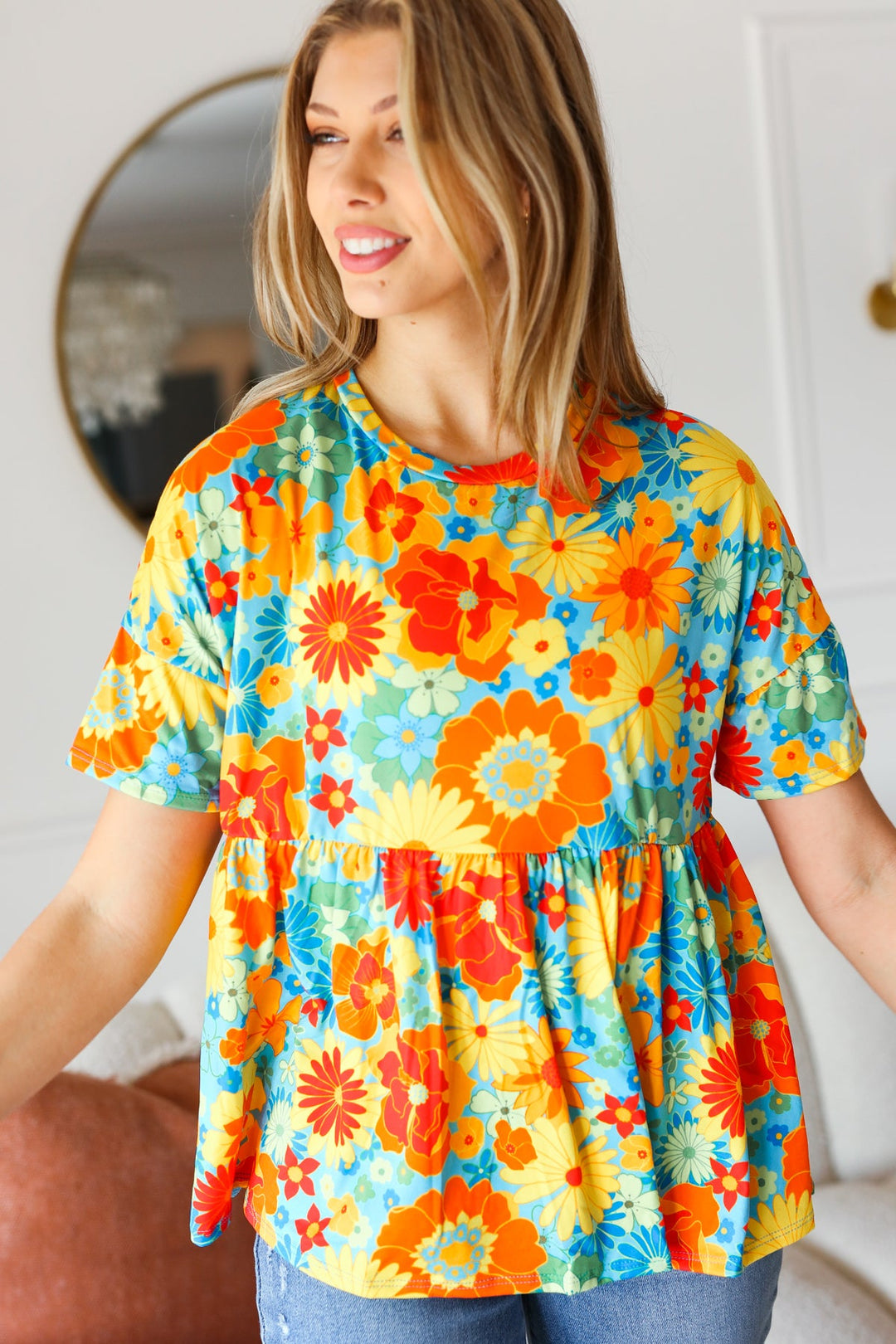 Sunflower&amp; Red Retro Floral Swing Babydoll Top | Nikki &amp; Co. Boutique