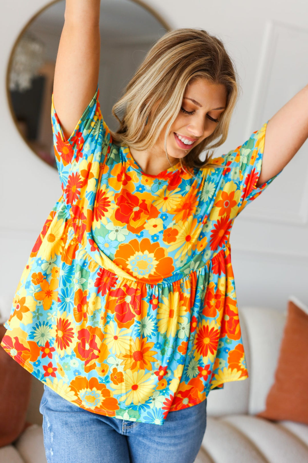 Sunflower&amp; Red Retro Floral Swing Babydoll Top | Nikki &amp; Co. Boutique