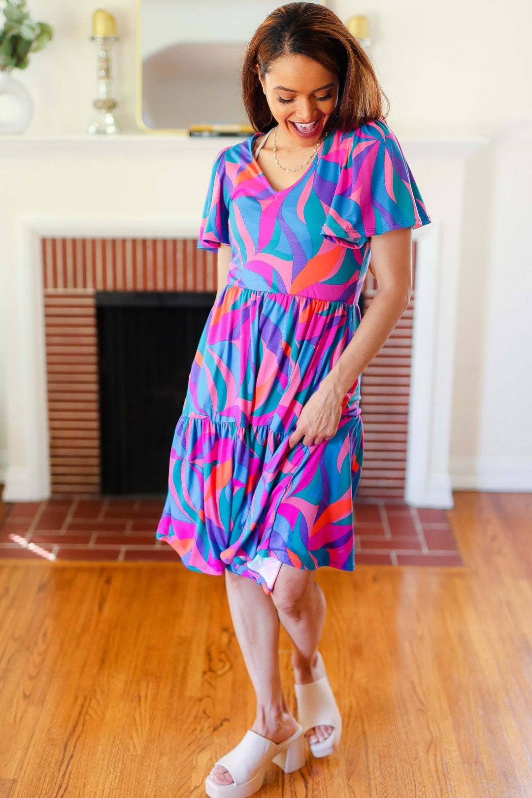 Remember Me Blue &amp; Fuchsia Geo Print V Neck Dress | Nikki &amp; Co. Boutique