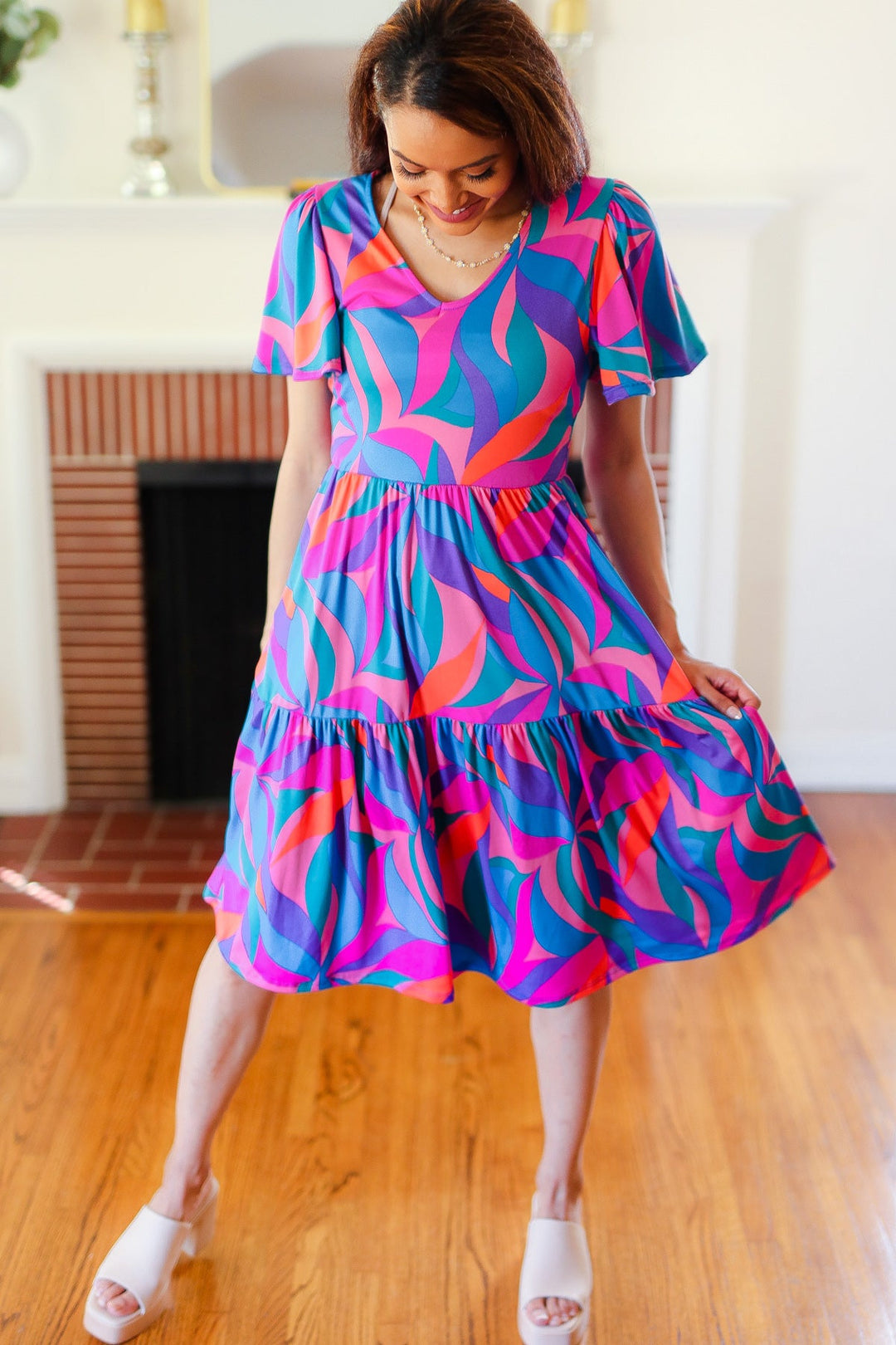 Remember Me Blue &amp; Fuchsia Geo Print V Neck Dress | Nikki &amp; Co. Boutique