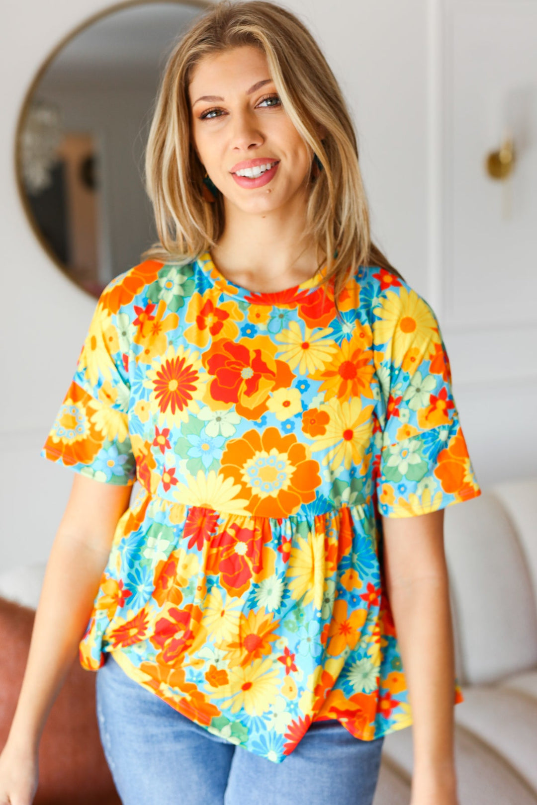 Sunflower&amp; Red Retro Floral Swing Babydoll Top | Nikki &amp; Co. Boutique