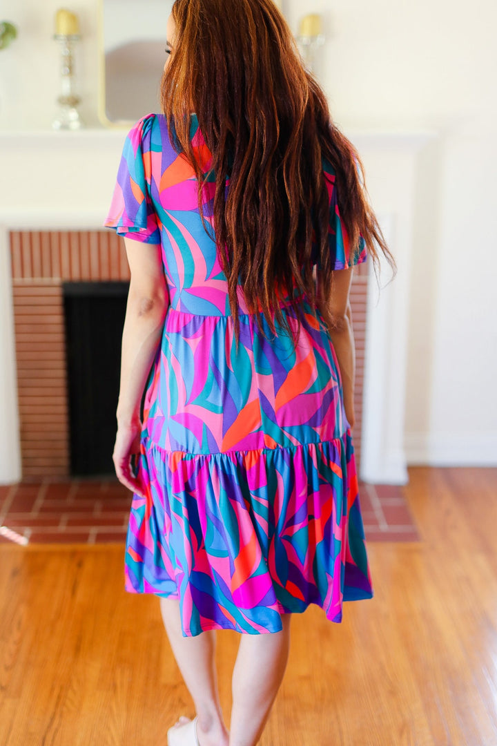 Remember Me Blue &amp; Fuchsia Geo Print V Neck Dress | Nikki &amp; Co. Boutique