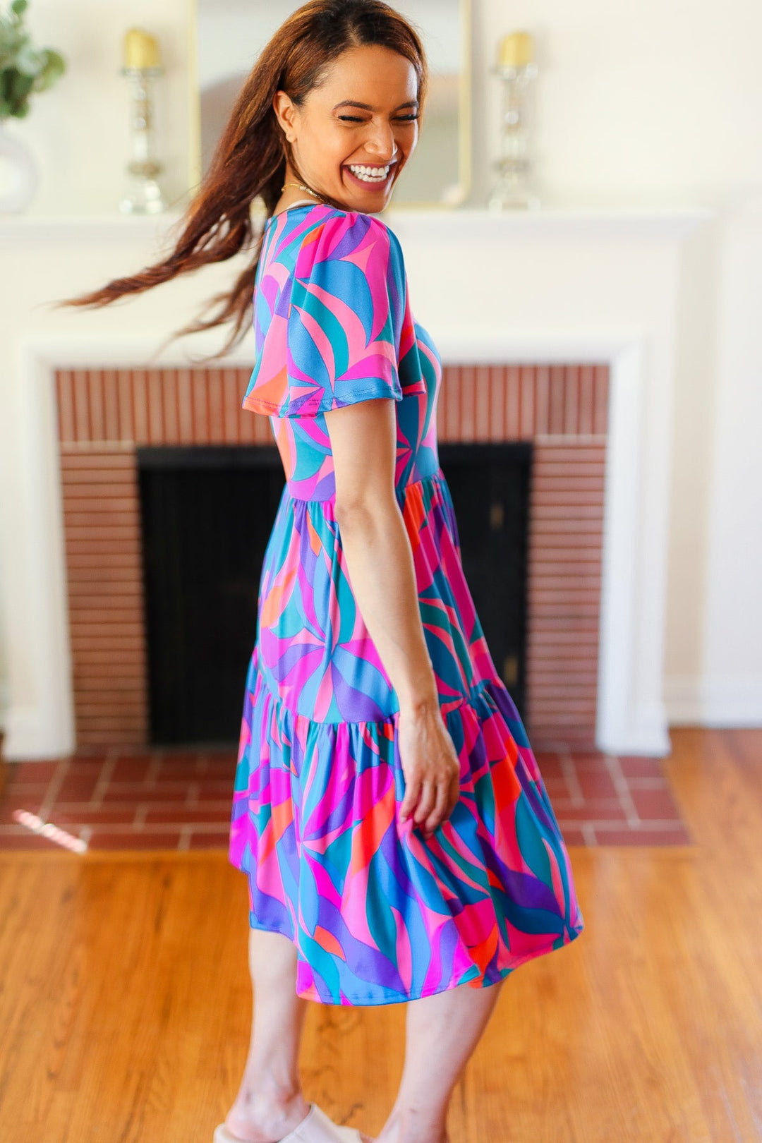 Remember Me Blue &amp; Fuchsia Geo Print V Neck Dress | Nikki &amp; Co. Boutique