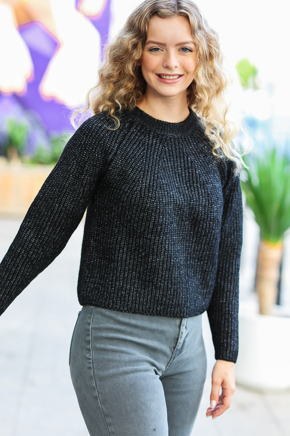 Black Mélange Round Neck Knit Sweater | Nikki &amp; Co. Boutique