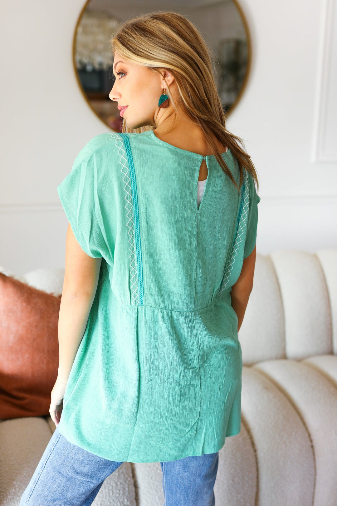 Mint Embroidered Woven Shorts Sleeve Dolman Tops | Nikki &amp; Co. Boutique