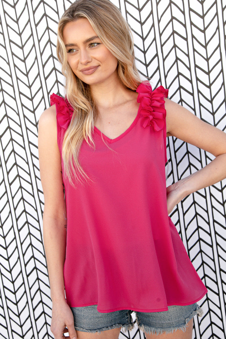 Fuchsia Frill Shoulder Sleeveless Crepe Woven Tops | Nikki &amp; Co. Boutique