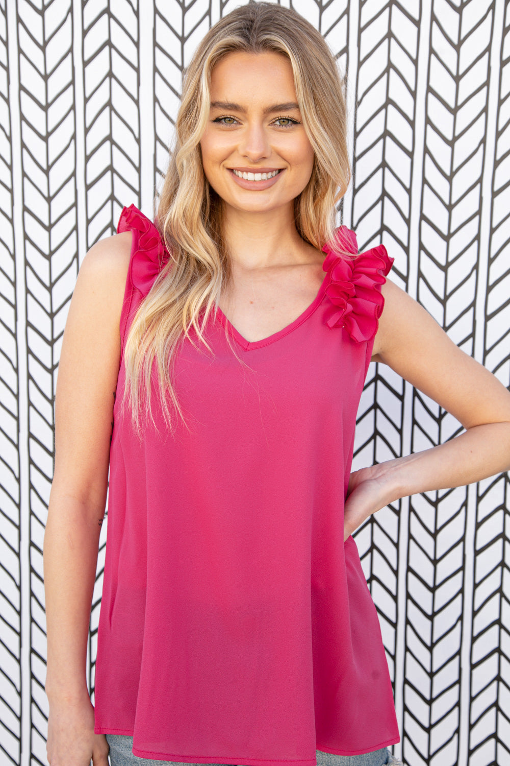 Fuchsia Frill Shoulder Sleeveless Crepe Woven Tops | Nikki &amp; Co. Boutique