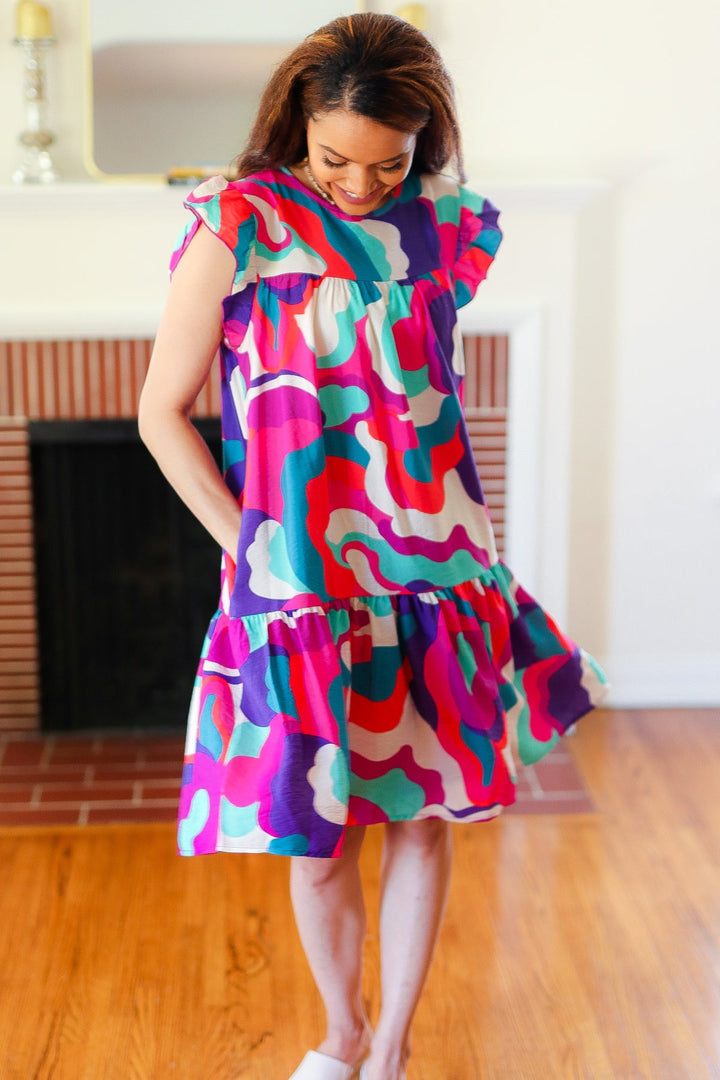 Go For Fun Fuchsia Geo Print Tiered Ruffle Sleeve Woven Dress - Nikki &amp; Co. Boutique