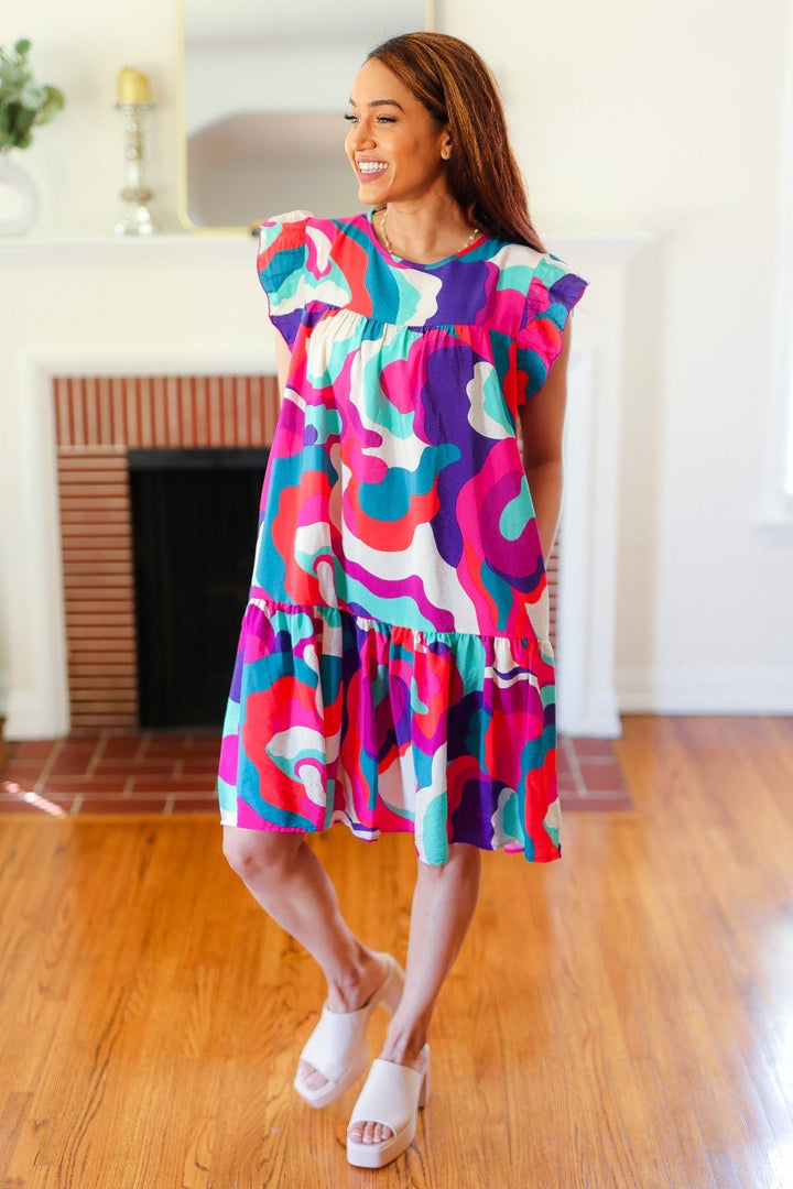 Go For Fun Fuchsia Geo Print Tiered Ruffle Sleeve Woven Dress - Nikki &amp; Co. Boutique