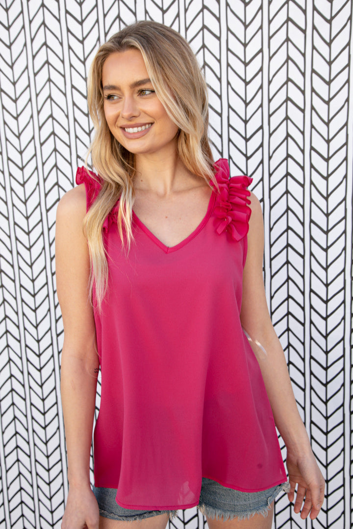 Fuchsia Frill Shoulder Sleeveless Crepe Woven Tops | Nikki &amp; Co. Boutique