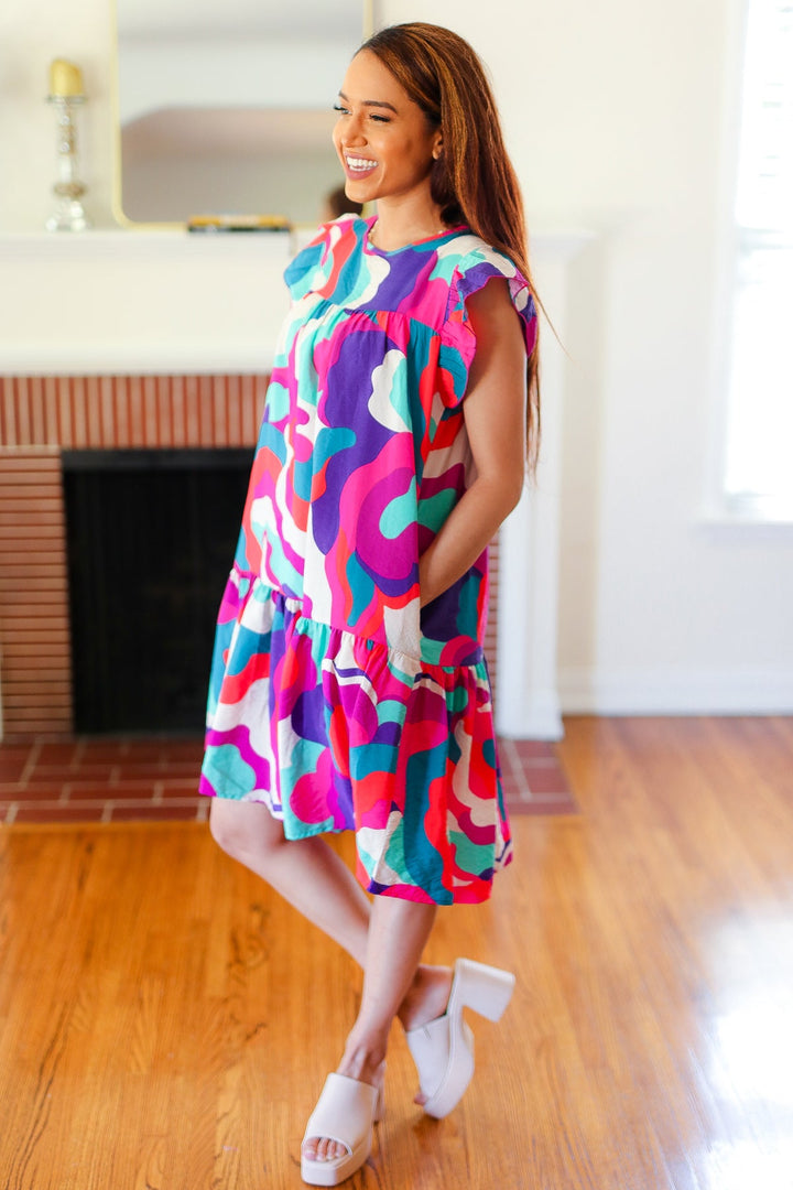 Go For Fun Fuchsia Geo Print Tiered Ruffle Sleeve Woven Dress - Nikki &amp; Co. Boutique