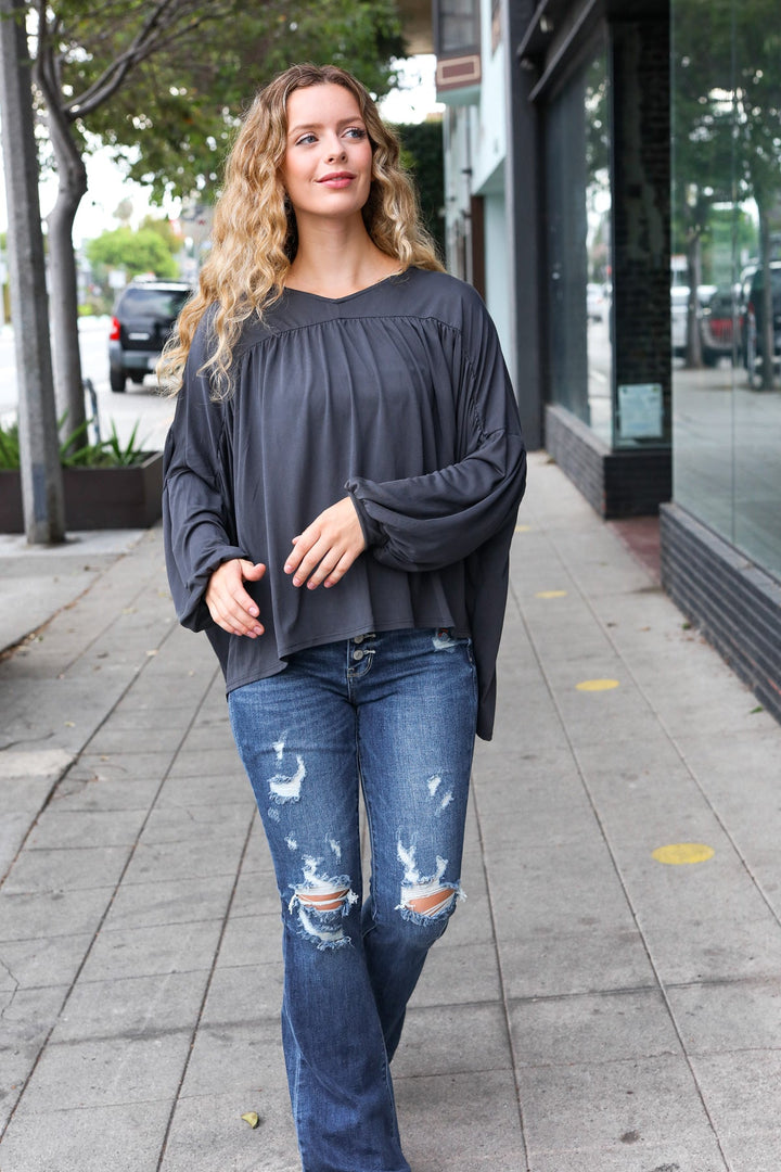 Casual Chic Charcoal V Neck Yoke Modal Knit Top | Nikki &amp; Co. Boutique