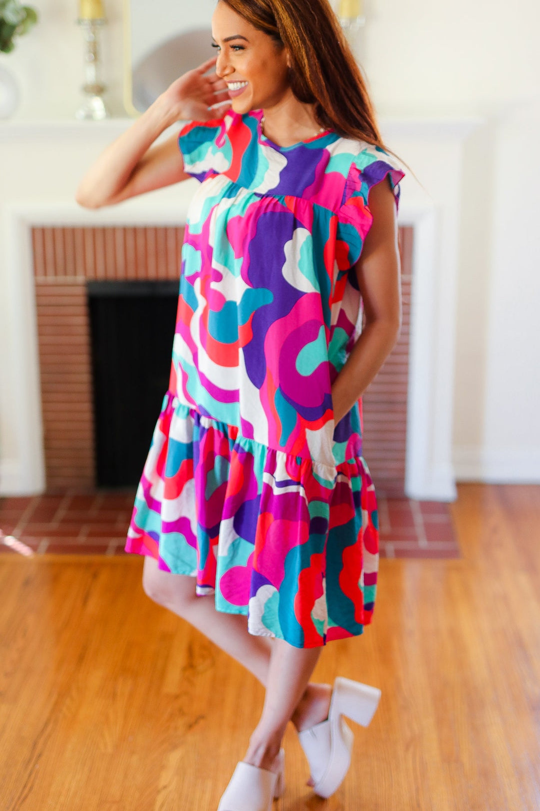 Go For Fun Fuchsia Geo Print Tiered Ruffle Sleeve Woven Dress - Nikki &amp; Co. Boutique
