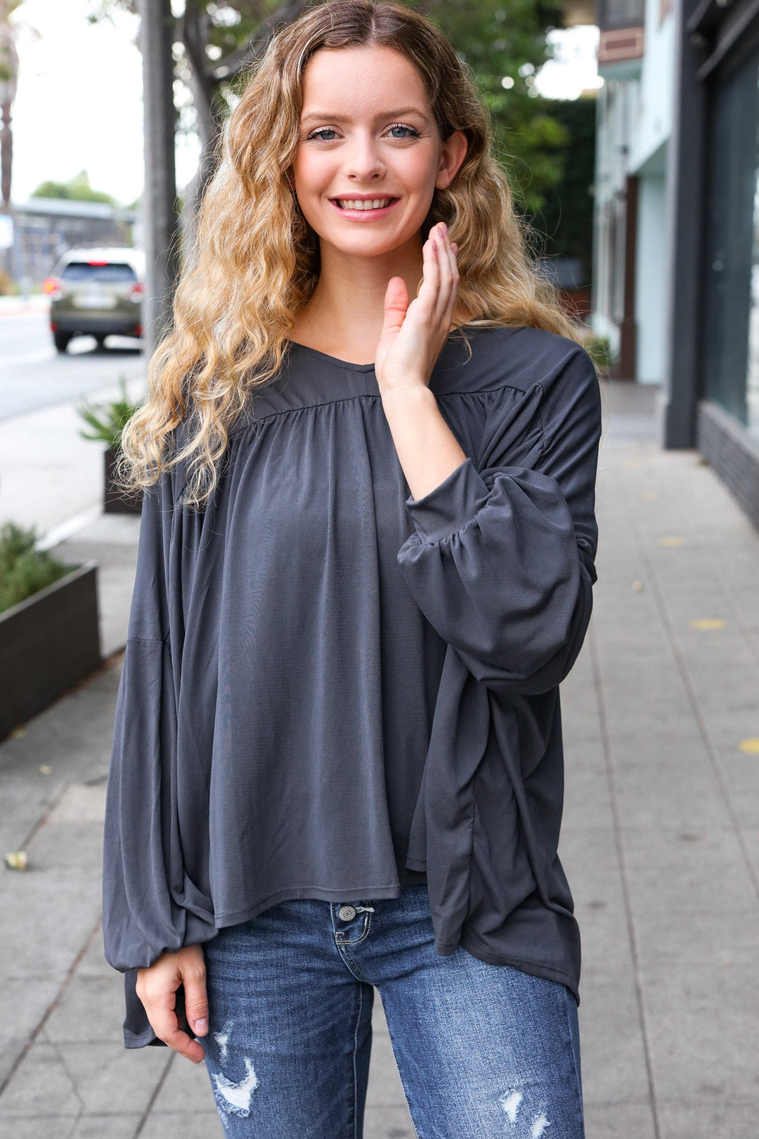 Casual Chic Charcoal V Neck Yoke Modal Knit Top | Nikki &amp; Co. Boutique