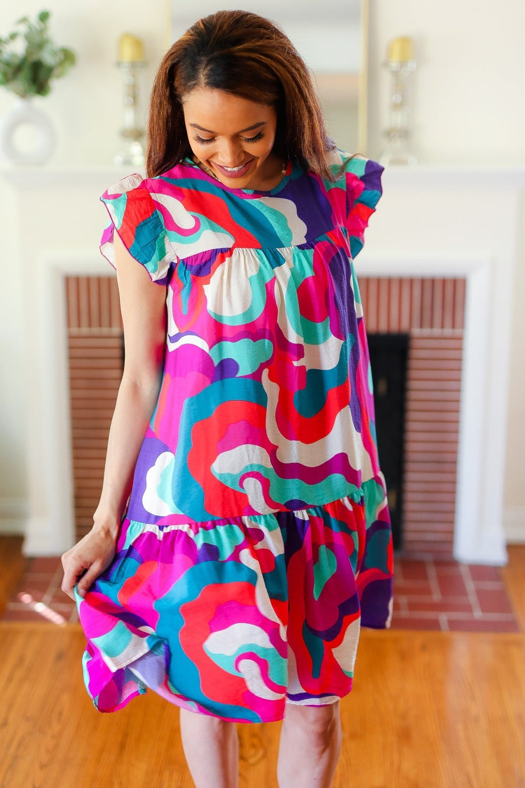 Go For Fun Fuchsia Geo Print Tiered Ruffle Sleeve Woven Dress - Nikki &amp; Co. Boutique