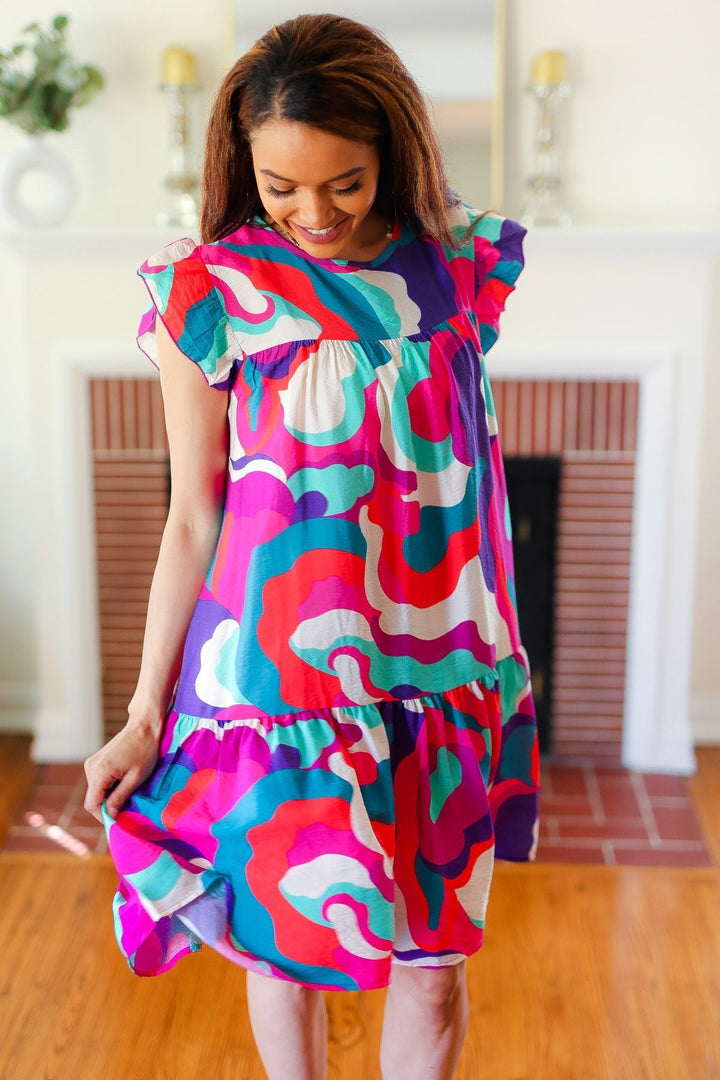 Go For Fun Fuchsia Geo Print Tiered Ruffle Sleeve Woven Dress - Nikki &amp; Co. Boutique