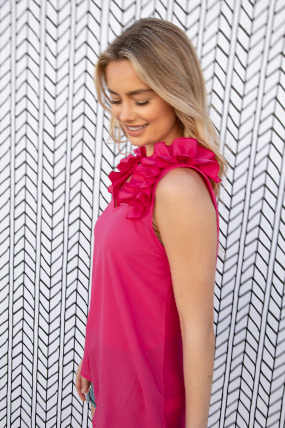 Fuchsia Frill Shoulder Sleeveless Crepe Woven Tops | Nikki &amp; Co. Boutique