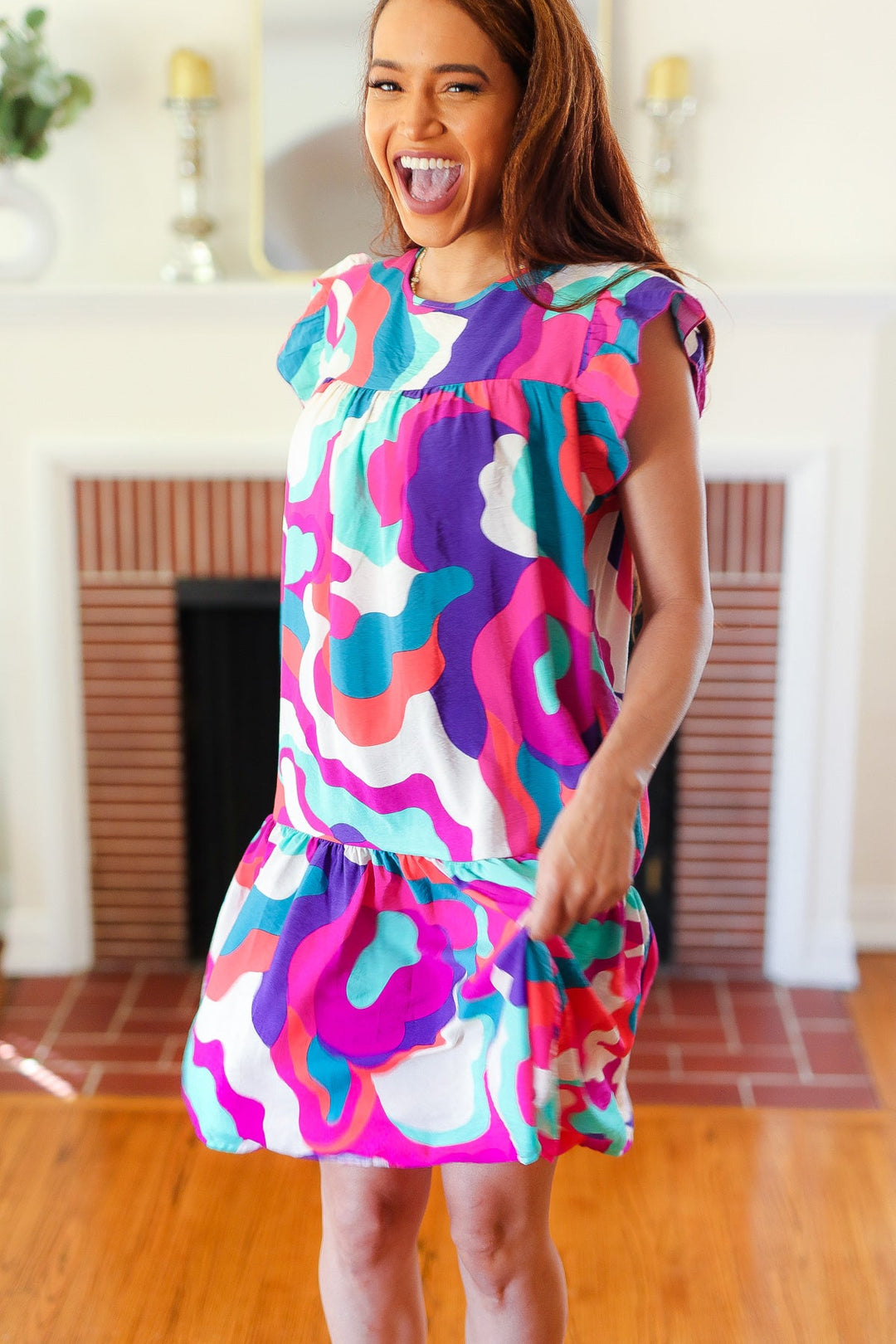 Go For Fun Fuchsia Geo Print Tiered Ruffle Sleeve Woven Dress - Nikki &amp; Co. Boutique