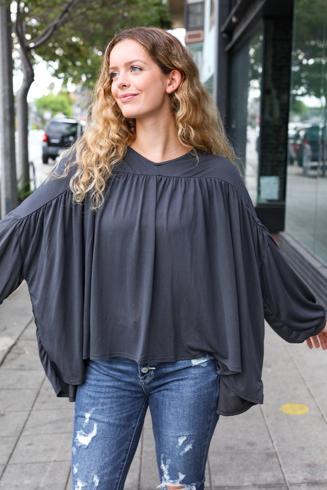 Casual Chic Charcoal V Neck Yoke Modal Knit Top | Nikki &amp; Co. Boutique