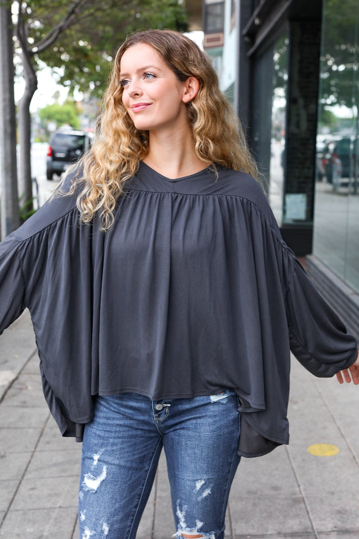 Casual Chic Charcoal V Neck Yoke Modal Knit Top | Nikki &amp; Co. Boutique