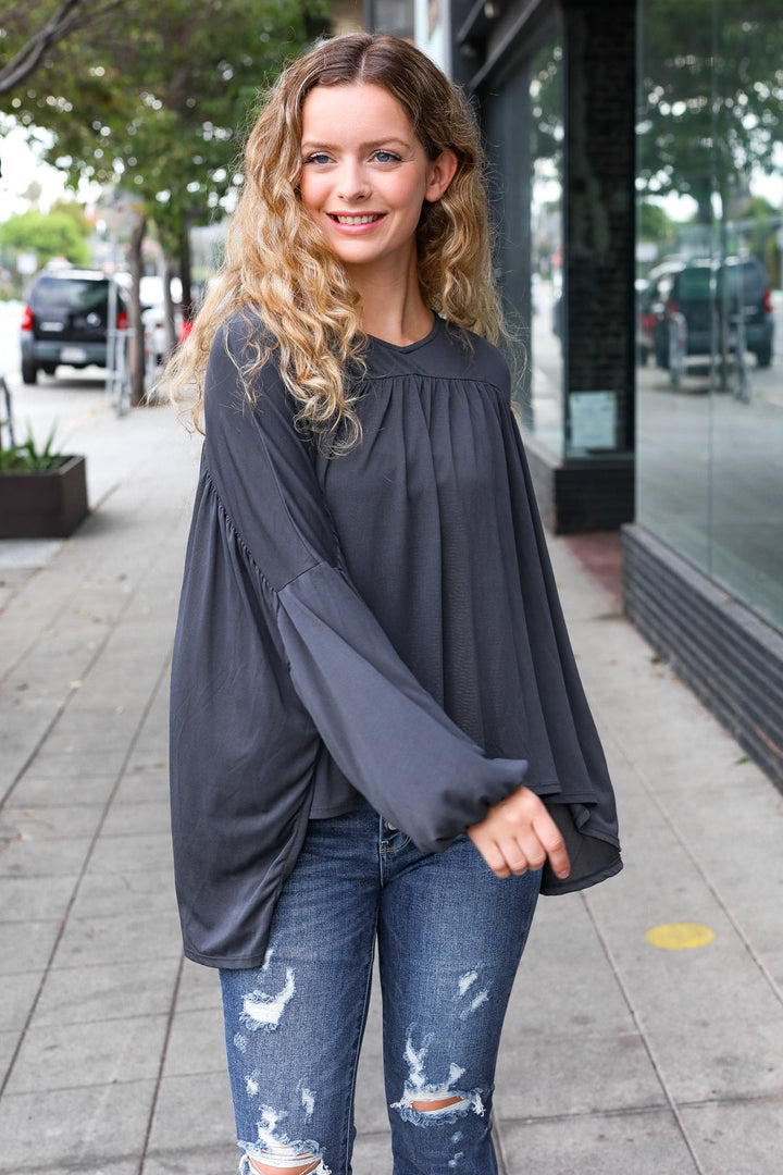 Casual Chic Charcoal V Neck Yoke Modal Knit Top | Nikki &amp; Co. Boutique