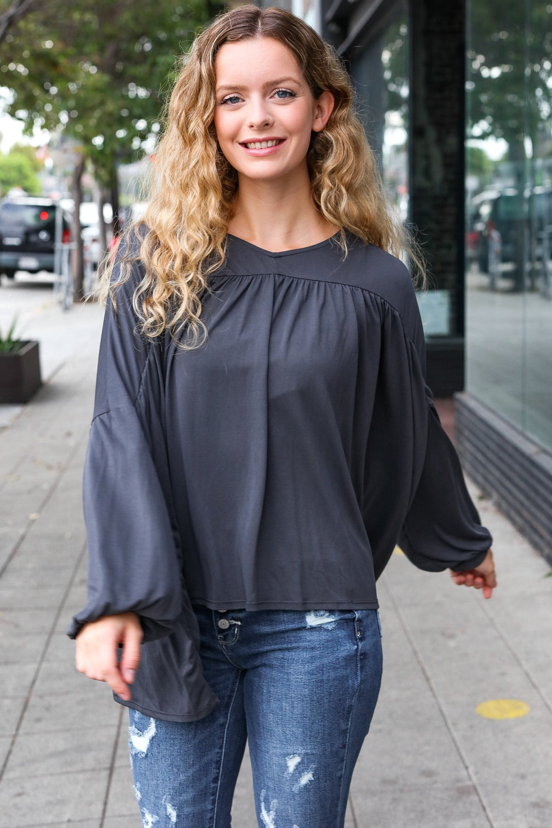 Casual Chic Charcoal V Neck Yoke Modal Knit Top | Nikki &amp; Co. Boutique