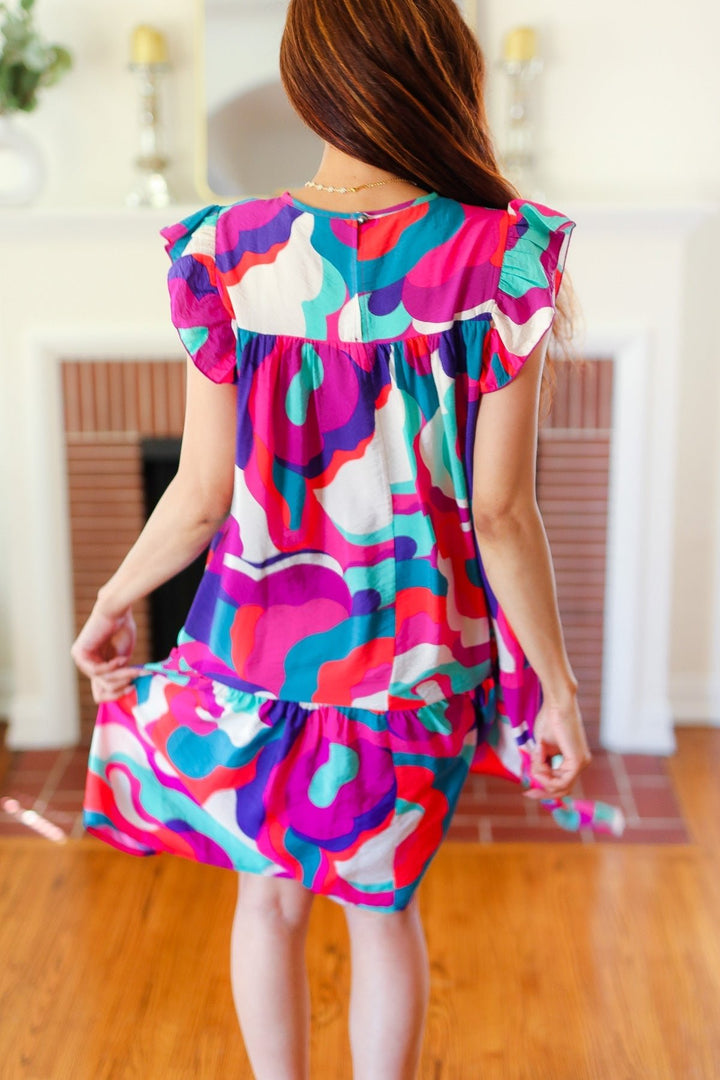 Go For Fun Fuchsia Geo Print Tiered Ruffle Sleeve Woven Dress - Nikki &amp; Co. Boutique