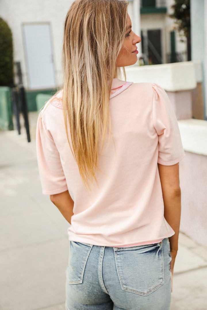 New Day Blush Flat Collar Floral French Terry Blouse - Nikki &amp; Co. Boutique
