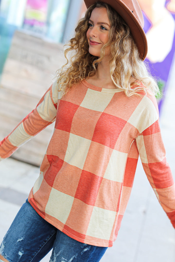 Rust Checker Plaid French Terry Top | Nikki &amp; Co. Boutique